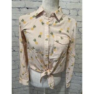 Love Notes Women Pink Long Sleeve Blouse Pineapple Tie Front Small